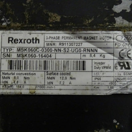 Rexroth MSK060C-0300-NN-S2-UG0-RNNN 3-Phase Permanent Magnet Motor R911307227 / 4900Rpm