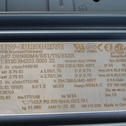 SEW Eurodrive Getriebemotor KA67 DRN80M4/BE1/TH/EK8R 01.8180394203.0001.22 1440/40r/min 0.75kW i 35,62 / Neuwertig