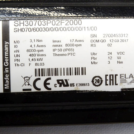 Schneider Electric Servomotor SH30703P02F2000 SH070/60030/0/0/00/00/00/11/00 6000-8000rpm 1.45kW SH3 070