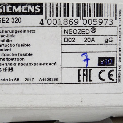 Siemens Sicherungseinsatz 5SE2320 20A / Inhalt:7 Stück / Neu OVP