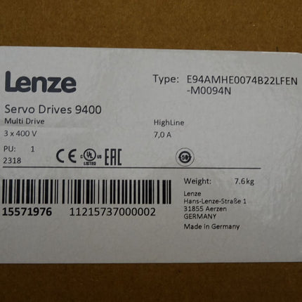 Lenze Servo Drives 9400 15571976 E94AMHE0074B22LFEN-M0094N 3kW E94AYAB E94AYM22 E94AYFLF E94AYCEN / Neu OVP versiegelt