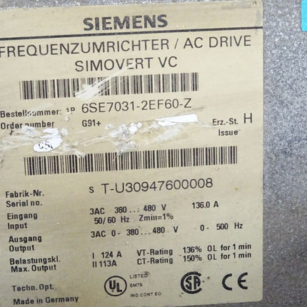 Siemens Simovert Frequenzumrichter 6SE7031-2EF60-Z G91 mit Optionskarte 6SE7090-0XX84-0AB0 + 6SE7090-0XX84-0FF5