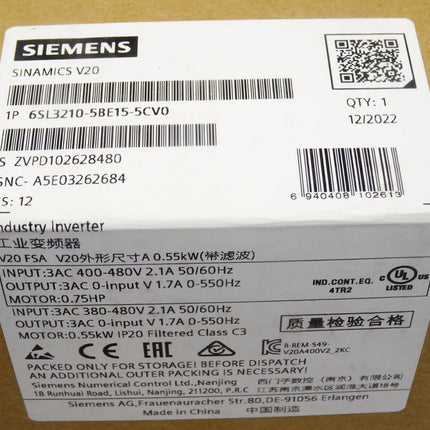 Siemens Sinamics V20 6SL3210-5BE15-5CV0 6SL3 210-5BE15-5CV0 / Neu OVP versiegelt