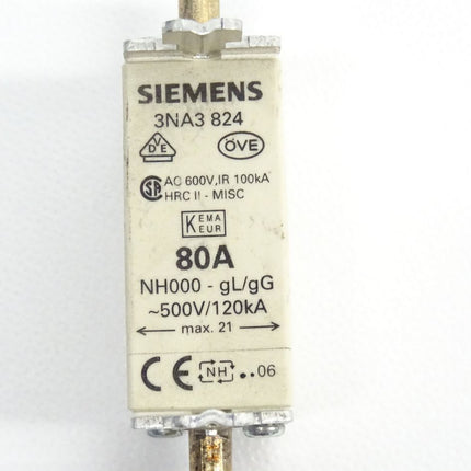 Siemens 3NA3 824 NH000-gL/gG 500V/120kA 80A NEU 3NA3824