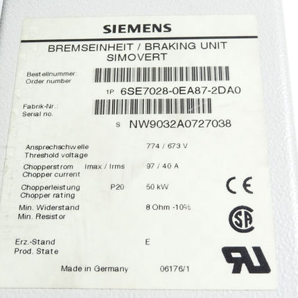 Siemens Simovert Bremseinheit 6SE7028-0EA87-2DA0 50kW