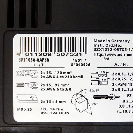 Siemens Sirius 3RT1056-6AP36 Leistungsschütz + Überlastrelais 3RB1056-1FG0