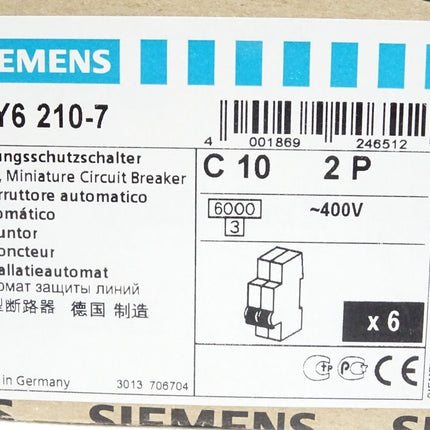 Siemens 5SY6210-7 leistungsschutzschalter C10 2P / Inhalt:6 Stück / Neu OVP