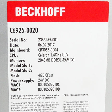 Beckhoff C6925-0020  Lüfterloser Schaltschrank-Industrie-PC mit Compact-Flash-Karte und Lizenz