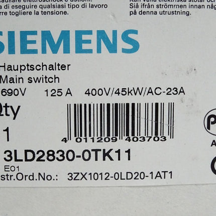 Siemens Hauptschalter 3LD2830-0TK11 / Neu OVP