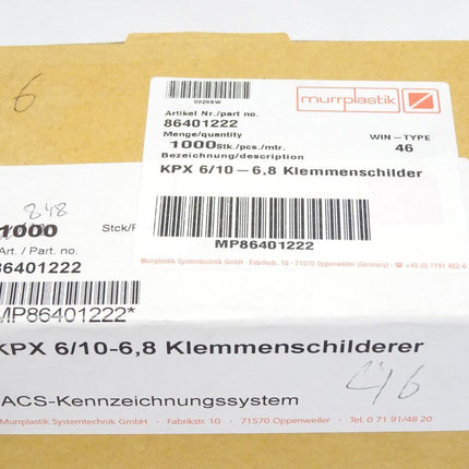 Murrplastik 86401222 KPX6/10-6,8 Klemmenschilder / Inhalt : 848 Stück / Neu OVP