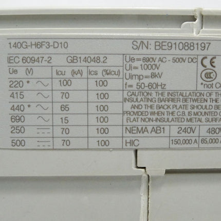 Allen Bradley 140G-H6F3-D10 Molded Case Circuit Breaker / Neu OVP