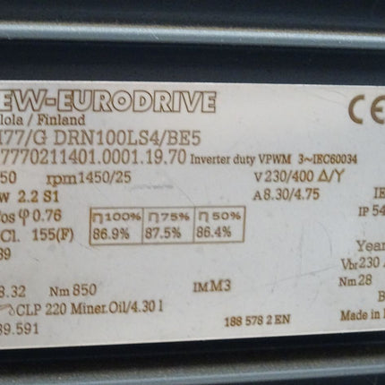 SEW Eurodrive Getriebemotor FH77/GDRN100LS4/BE5 FH77/G DRN100LS4/BE5 1450/25rpm 2.2kW i58.32 Unbenutzt