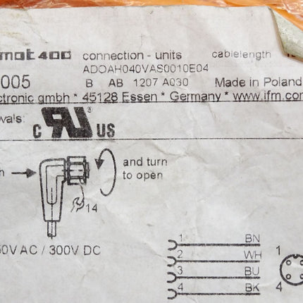 Ifm Electronic Anschlusskabel ADOAH040VAS0010E04 EVT005 / Neu OVP