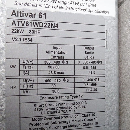 Schneider Altivar 61 variable speed drive ATV61 ATV61WD22N4 22kW