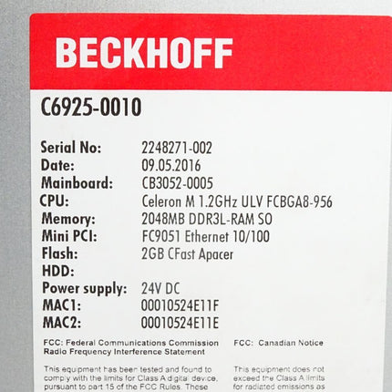 Beckhoff C6925-0010  Lüfterloser Schaltschrank-Industrie-PC mit Compact-Flash-Karte und Lizenz