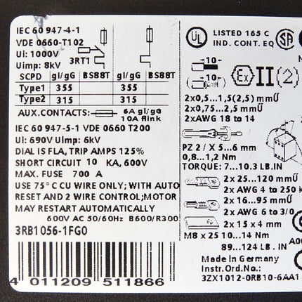 Siemens Sirius 3RT1056-6AP36 Leistungsschütz + Überlastrelais 3RB1056-1FG0