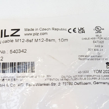 Pilz Verbindungskabel 540342 PSEN cable M12-8sf M12-8sm, 10m / Neu OVP