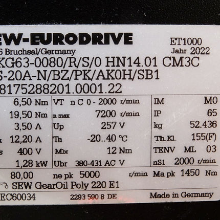 SEW Eurodrive Servomotor P5KG63-0080/R/S/0 HN14.01 CM3C71S-20A-N/BZ/PK/AK0H/SB1 01.8175288201.0001.22 1,28kW i80 2000r/min