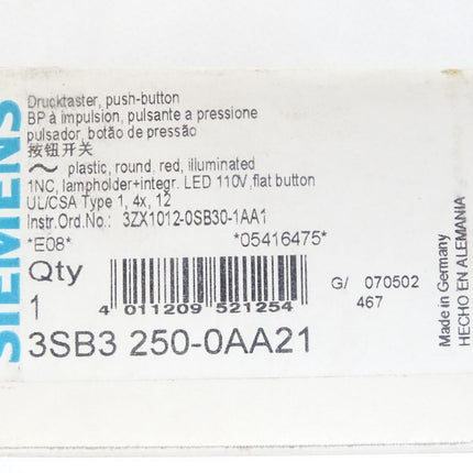 Siemens Drucktaster Rot 3SB3250-0AA21 mit 3SB3400-1QB und 3SB3400-0C / Neu OVP