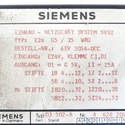 Siemens Einbau - Netzgerät system SVS2 E24 G5725 WRG / 6EV3054-0CC / 03 502-A E:C