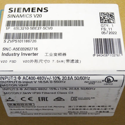 Siemens Sinamics V20 6SL3210-5BE27-5CV0 6SL3210-5BE27-5CV0 / Neu OVP versiegelt