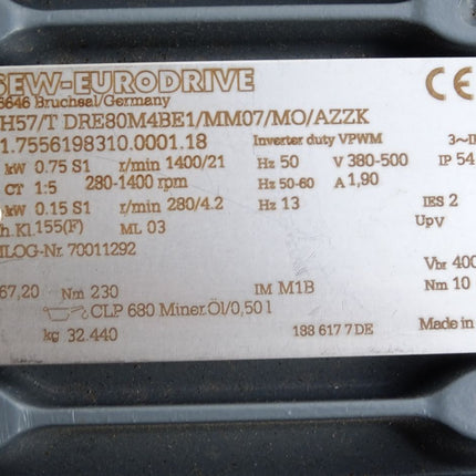 SEW Eurodrive Getriebemotor SH57/T DRE80M4BE1/MM07/MO/AZZK SH57/TDRE80M4BE1/MM07/MO/AZZK 0.75kW 1400/21r/min i67.20 Unbenutzt