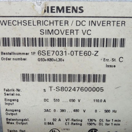 Siemens Wechselrichter Simovert 6SE7031-0TE60-Z ohne Optionskarte