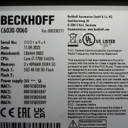 Beckhoff C6030-0060 Ultra-Kompakt-Industrie-PC / Neu - Unbenutzt