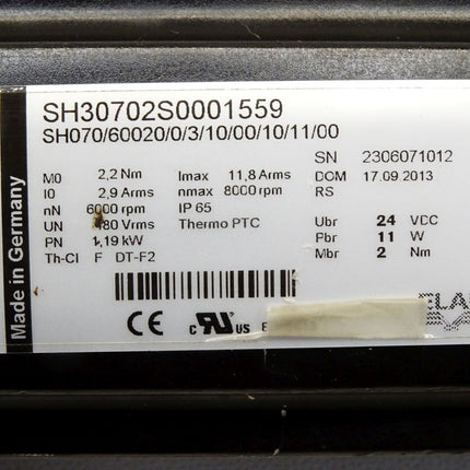 Schneider Electric Servomotor SH30702S0001559 SH070/60020/0/3/10/00/10/11/00 6000-8000 rpm 1.19kW SH3 070