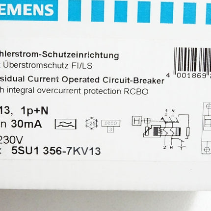 Siemens Fehlerstrom-Schutzeinrichtung 5SU1356-7KV13  / Neu OVP