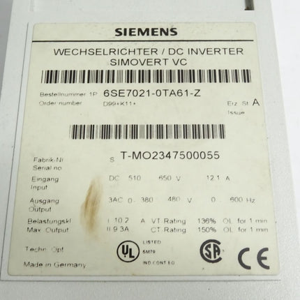 Siemens Simovert Wechselrichter 6SE7021-0TA61-Z D99+K11 6SE7098-0XX84-0BB0 6SE7090-0XX84-0AB0