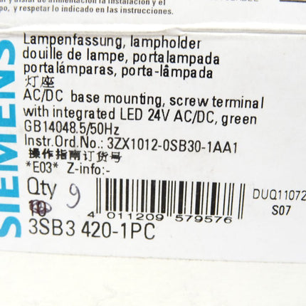 Siemens Lampenfassung 3SB3420-1PC / Inhalt: 9 Stück / Neu OVP