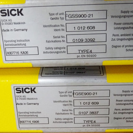 Sick Sicherheitslichtschranke Empfänger + Sender FGSE900-21 1012609 FGSS900-21 1012608 / Neuwertig