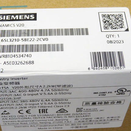 Siemens Sinamics V20 6SL3210-5BE22-2CV0 6SL3 210-5BE22-2CV0 / Neu OVP versiegelt