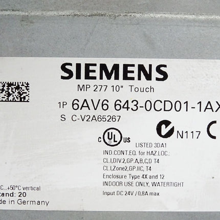 Siemens MP277 10" Touch Panel 6AV6643-0CD01-1AX0 6AV6 643-0CD01-1AX0