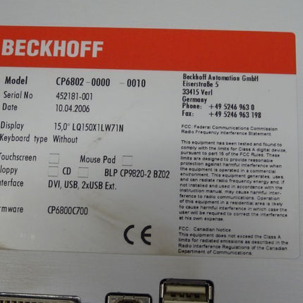 Beckhoff CP6802-0000-0010 Panel 15" LQ150X1LW71N Display