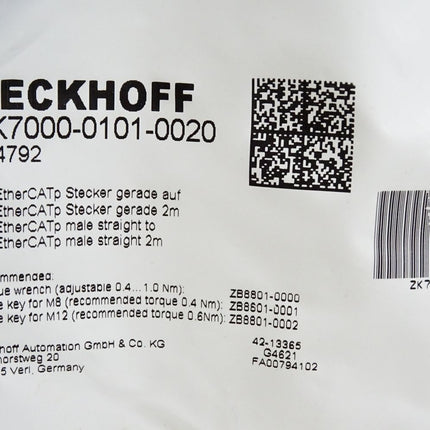 Beckhoff ZK7000-0101-0020 EtherCAT P-Leitung 2m / Neu OVP