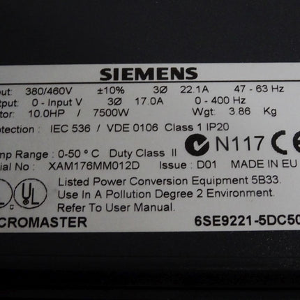 Siemens Micromaster 6SE9221-5DC50 7.5kW  / Neuwertig