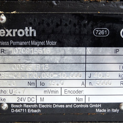 Rexroth Brushless Permanent Magnet Motor Servomotor 1070915616 SE-C4.170.030-10.000 3000RPM 19A