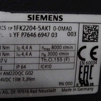 Siemens Simotics S-1FK2 CT Servomotor 1FK2204-5AK1 1FK2204-5AK10-0MA0 / Neu mit Lagerspuren