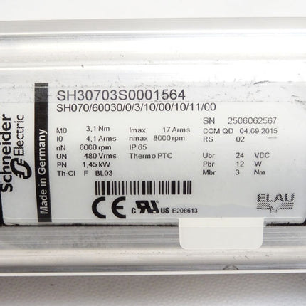 Schneider Electric Servomotor SH30703S0001564 SH070/60030/0/3/10/00/10/11/00 6000-8000rpm 1.45kW SH3 070