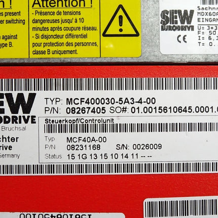 SEW Eurodrive Umrichter 3kW MCF40A0030-5A3-4-00 08267405 Steuerkopf MCF40A-00 08231168 MDX60A0030-5A3-4-00 08227195 MCF40A-00 08231168