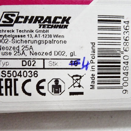 Schrack D02 Sicherungspatrone Neozed 25A IS504036 / Inhalt : 4 Stück / Neu OVP