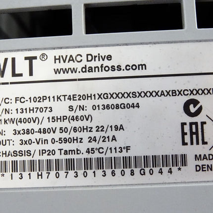 Danfoss VLT HVAC Drive FC-102P11KT4E20H1 11kW Frequenzumrichter (Pixelfehler auf dem Display)