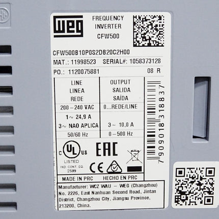 WEG Frequenzumrichter CFW500 CFW500B10P0S2DB20C2H00 0.18 to 132 kW / Neuwertig