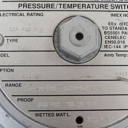 UE United Electric Pressure Switch QJ120 15A 480VAC