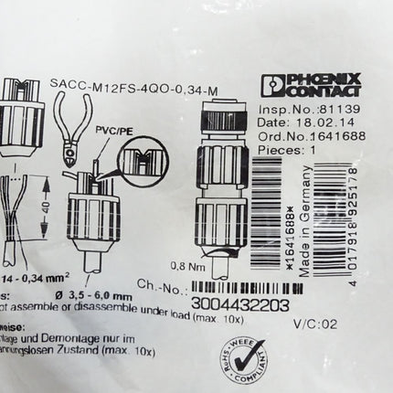 Phoenix Contact 1641688 SACC-M12FS-4QO-0,34-M Steckverbinder / Neu OVP