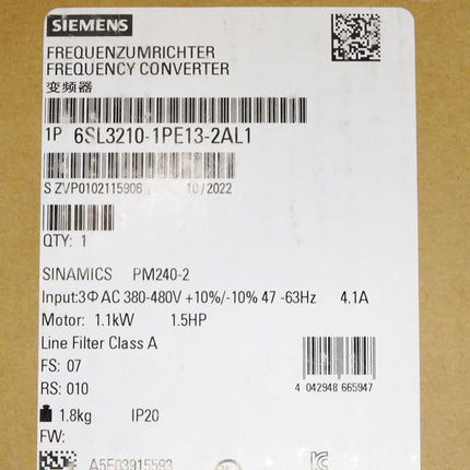 Siemens Sinamics Frequenzumrichter 1.1kW 6SL3210-1PE13-2AL1 / Neu OVP versiegelt