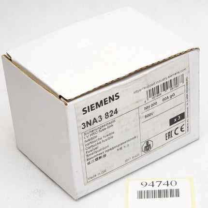 Siemens Sicherungseinsatz 80A 3NA3 3NA3824 / Inhalt : 3 Stück / Neu OVP