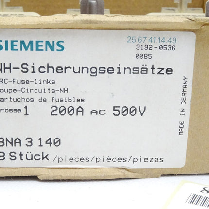 Siemens NH-Sicherungseinsätze HRC-Fuse-links 200A AC500V NH1 / 3NA3140 / Inhalt : 3 Stück / Neu OVP